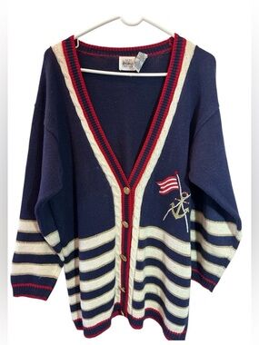 Jason Maxwell Sweater Women Large Red White Blue Nautical 4th July Cardigan VTG